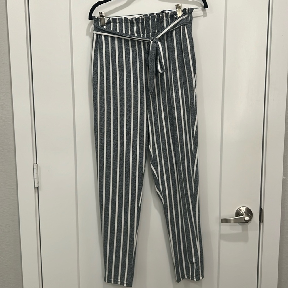 Blue/Grey striped work pants with paper bag waist. Feels like pjs! With pockets!